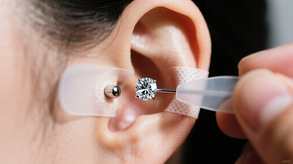 Hands applying a clear adhesive earlobe support patch behind a stretched piercing hole right before inserting a heavy diamond stud