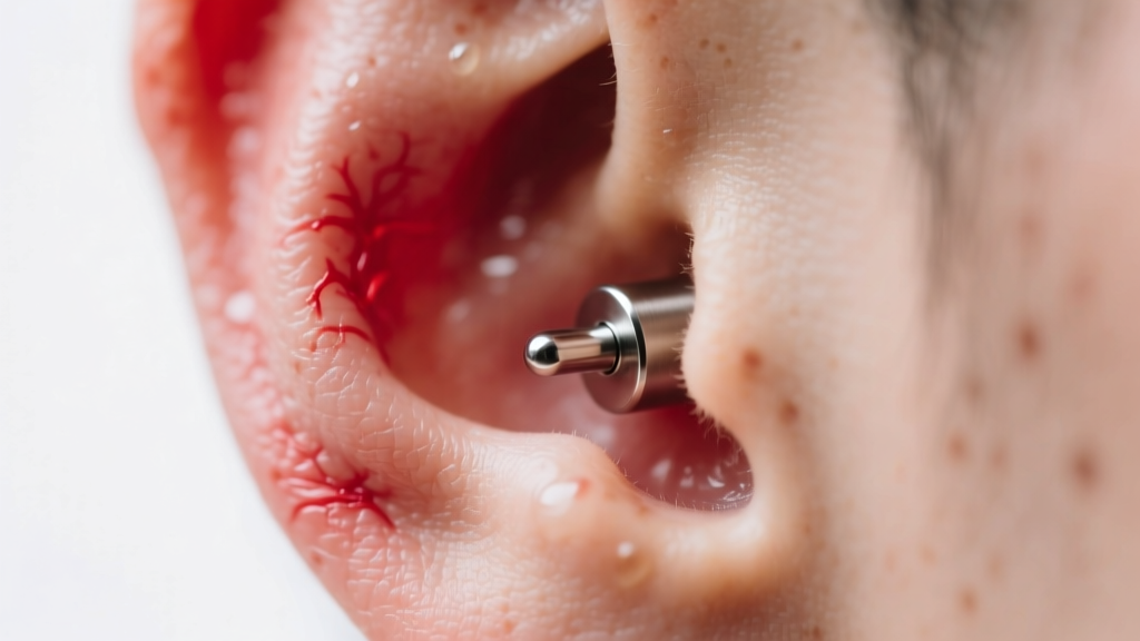 Macro shot of an inflamed earlobe piercing with a titanium labret stud, showing localized redness and slight swelling