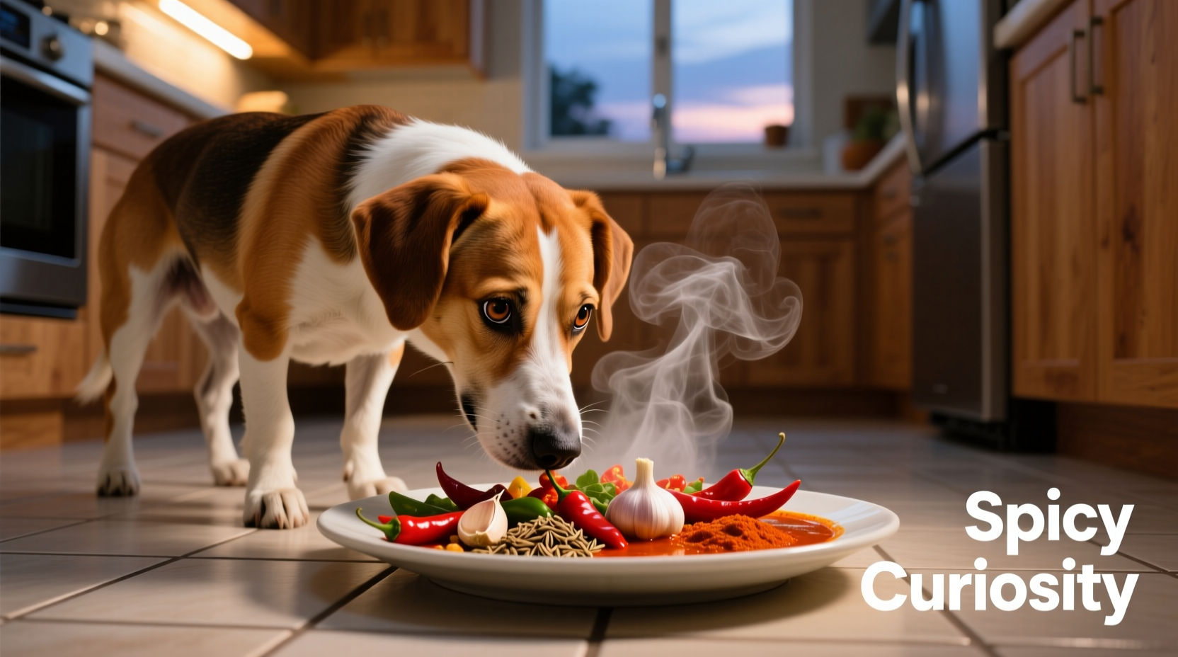Dog cautiously sniffing spicy food on plate