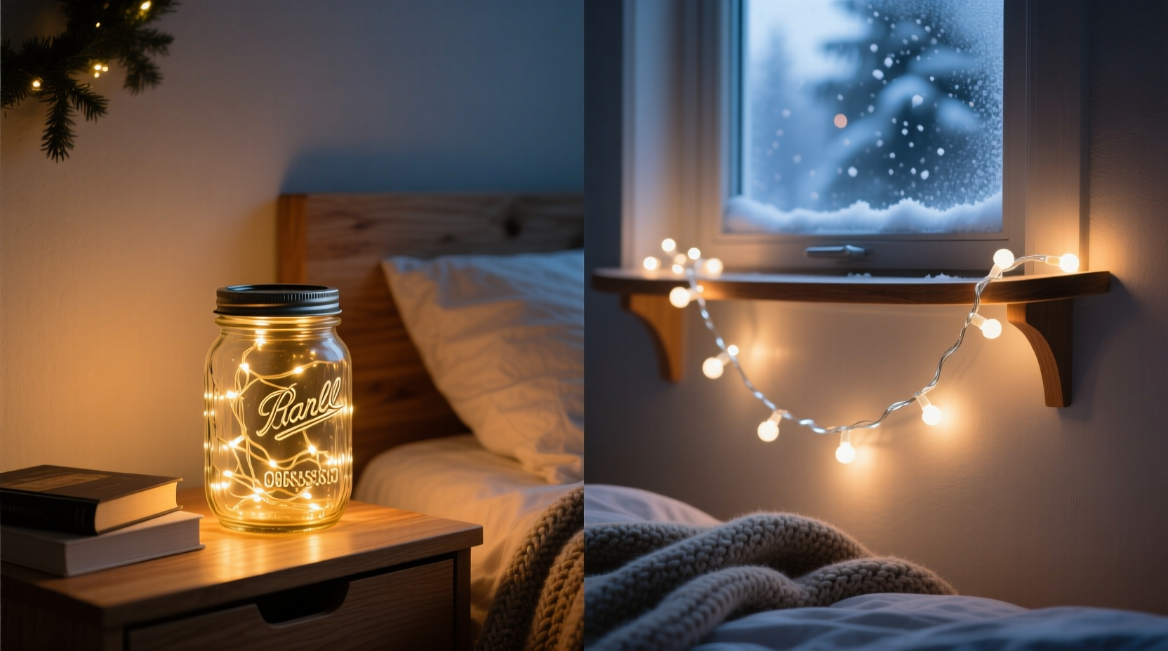 fairy lights in a jar vs string lights which creates a better bedside christmas glow