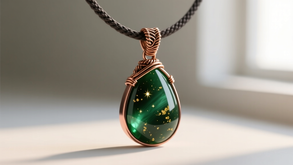 Close-up of a heavy 25mm aventurine teardrop pendant secured with a reinforced wire-wrapped copper bail on a 2mm dark waxed linen cord.