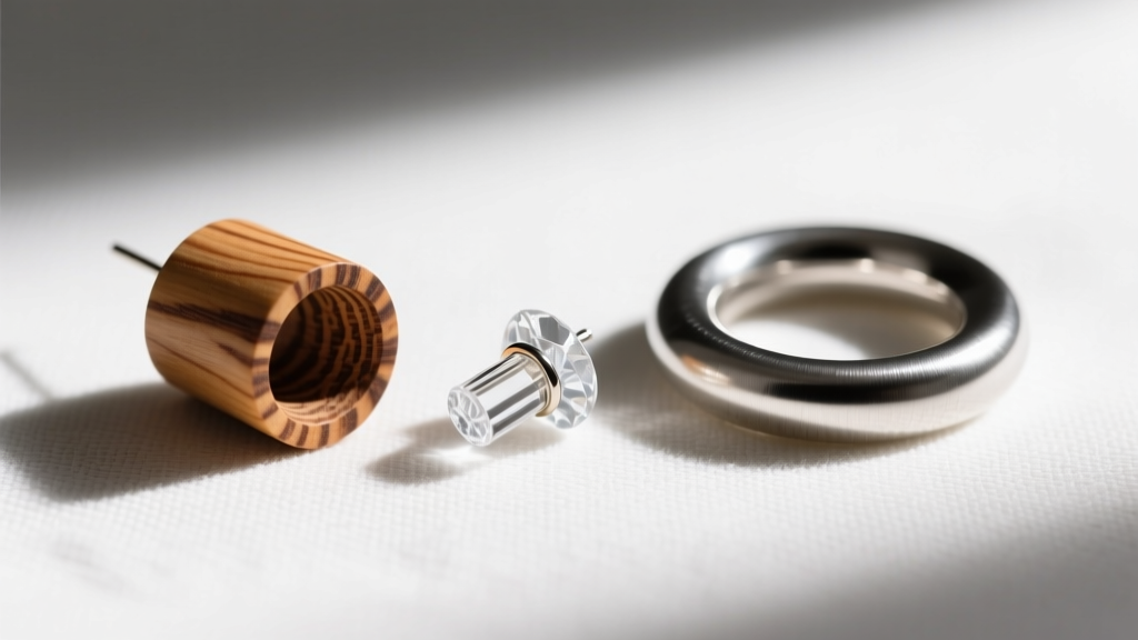 Flat lay of three 2g earrings: a carved wood tunnel, a clear glass plug, and a thick silver hoop resting on textured white linen.