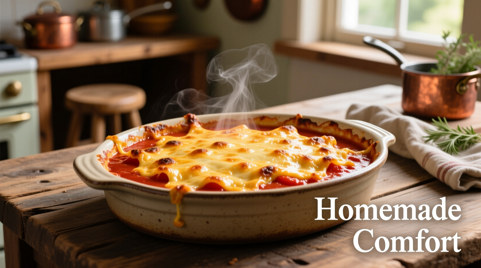 Golden tomato soup casserole with melted cheese topping