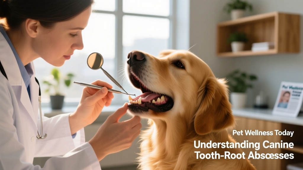 Veterinarian gently examining a dog's mouth while holding a dental mirror, illustrating professional assessment for possible tooth-root abscess