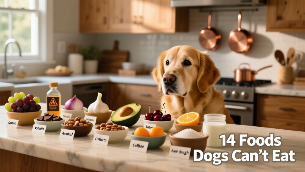 A dog looking curiously at a kitchen counter with common human foods like grapes, chocolate, and onions visible