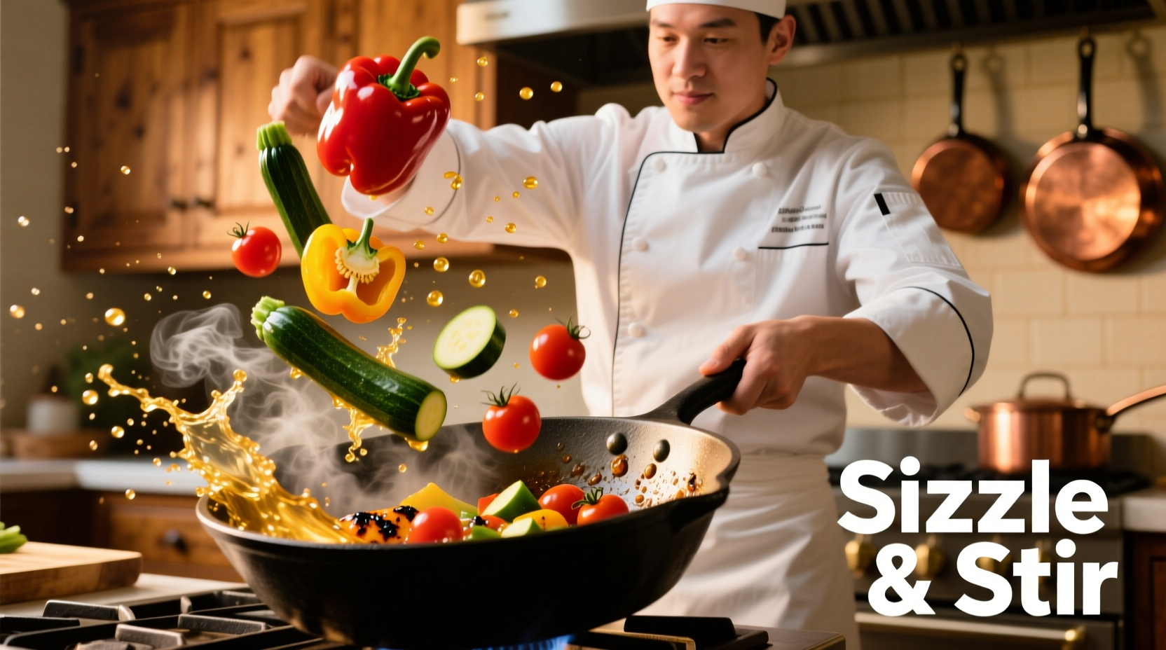 Chef tossing vegetables in a hot skillet