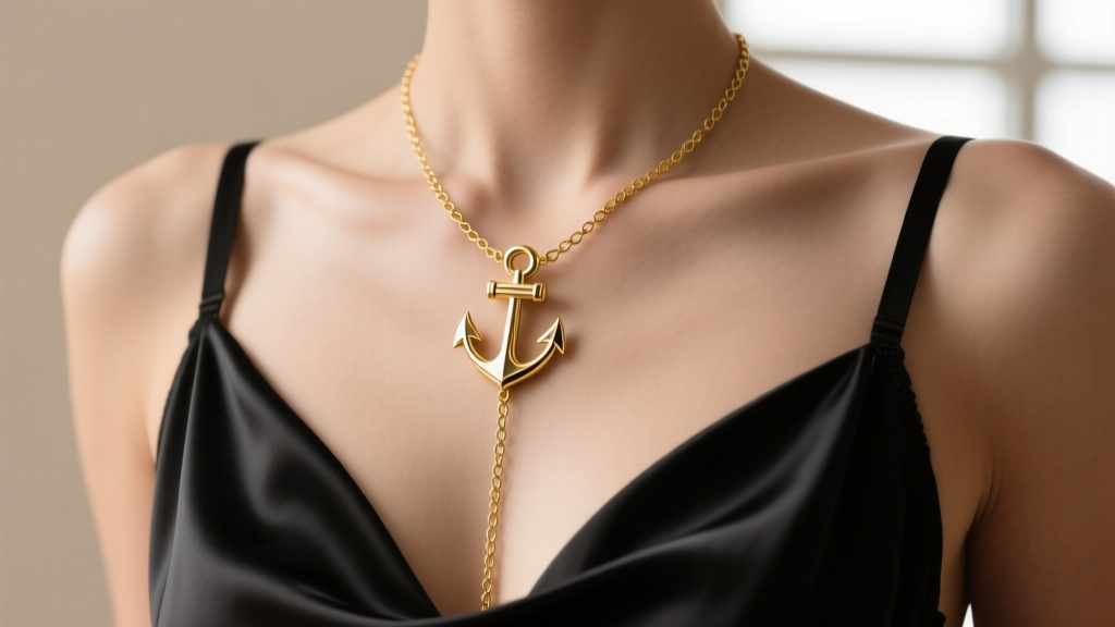 Gold dermal anchor on the collarbone connecting to a fine chain, resting elegantly against dark silk lingerie fabric