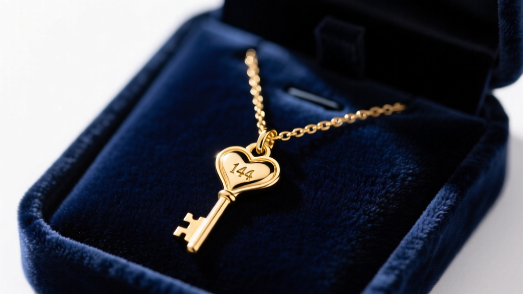 Close-up of a 14k gold necklace with key and heart pendant on navy velvet, lit by soft studio lighting to highlight metal details