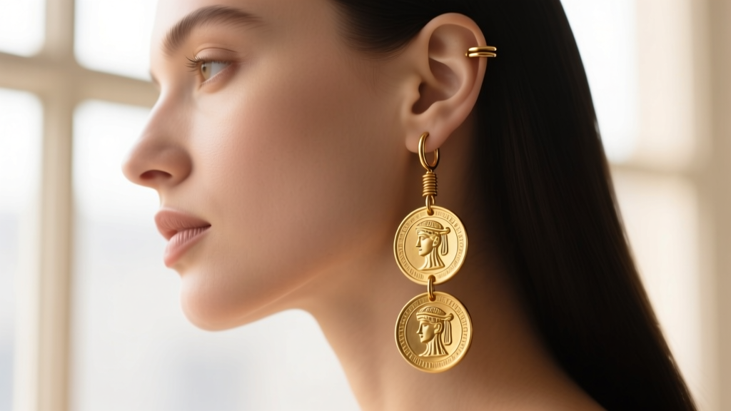 Side profile of a woman wearing a heavy gold ancient coin drop earring, highlighting a thick 18-gauge wire and earlobe support.