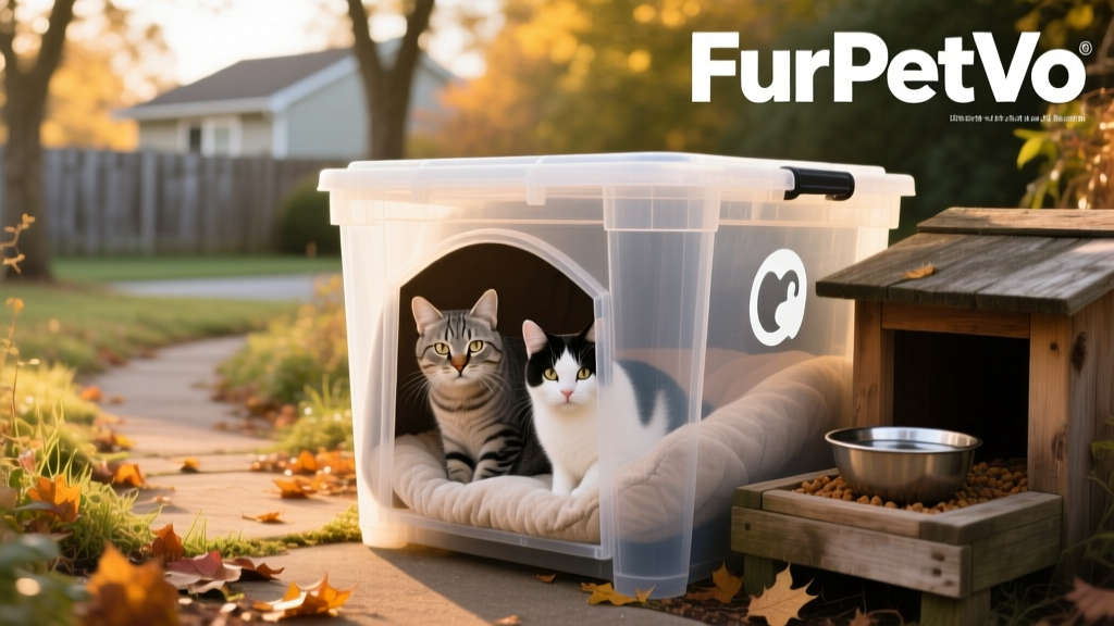 Insulated outdoor cat shelter made from a plastic storage bin, placed beside a feeding station with fresh water, branded with FurPetVo logo