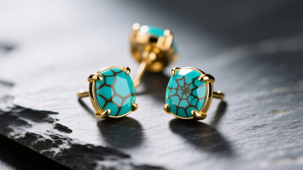 Close-up of 14k gold bezel-set turquoise studs on slate, showing the brown spiderweb matrix under soft directional lighting.