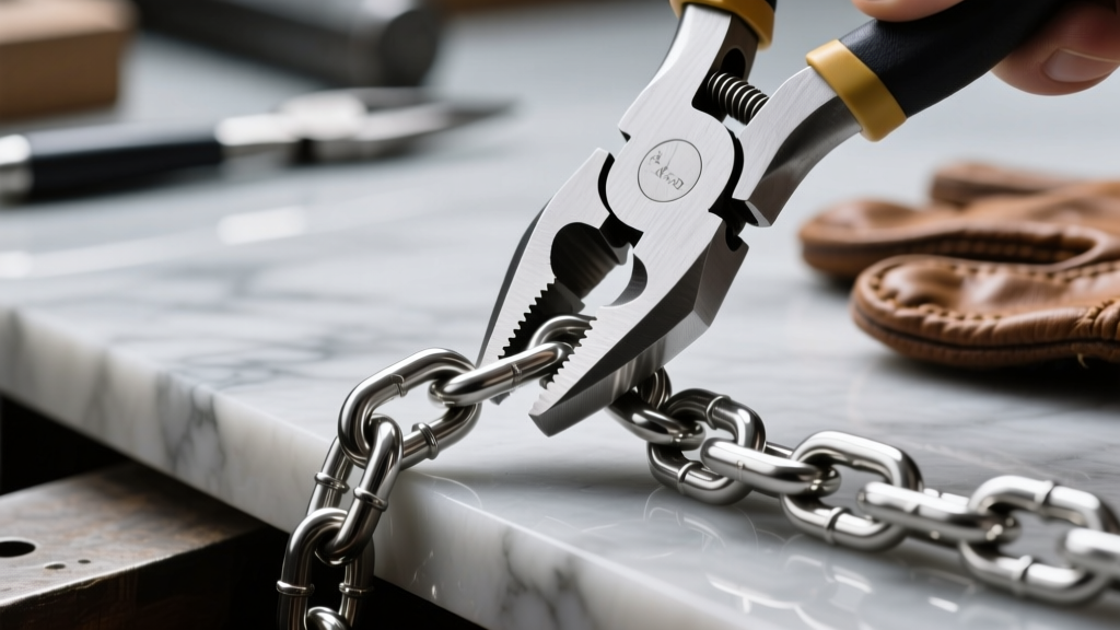 Jeweler workbench showing heavy-duty steel cutting pliers attempting to resize a thick 316L stainless steel curb chain link