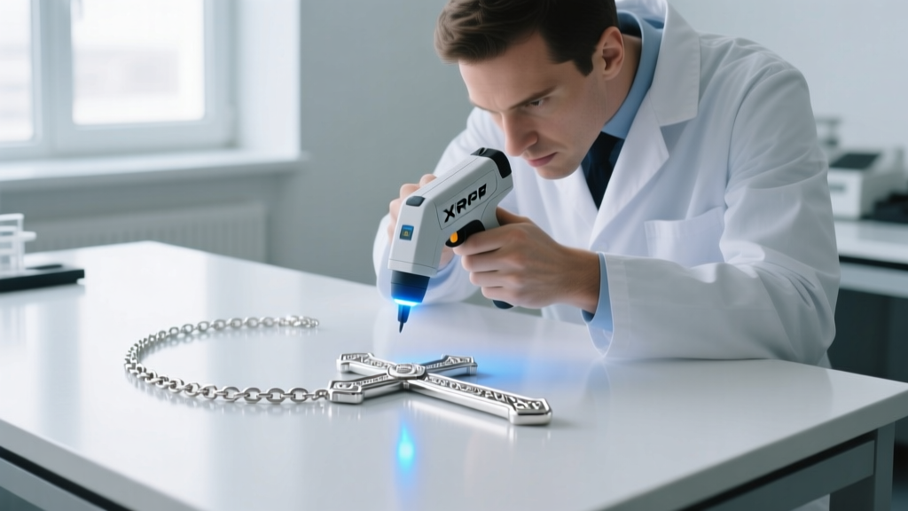 Jeweler using an XRF spectrometer gun to test the metal purity of a silver cross chain on a clean white workbench surface.