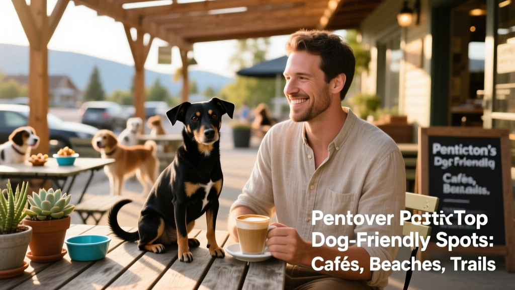 A small black dog sitting calmly beside its owner at a sunny, dog-friendly café patio in Penticton