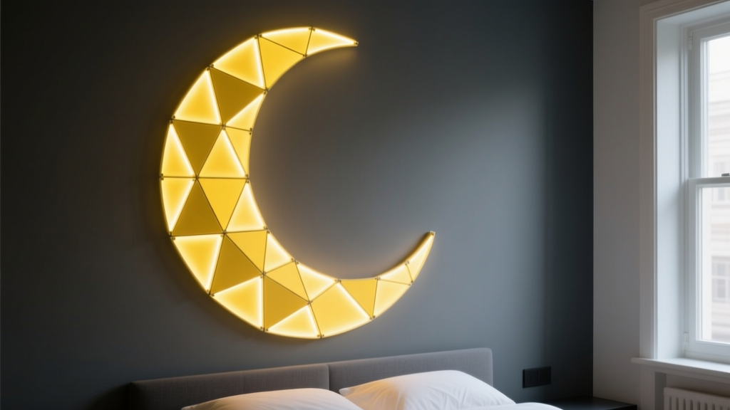Close-up of modular triangular LED light panels arranged in a glowing yellow crescent moon shape on a dark gray bedroom wall