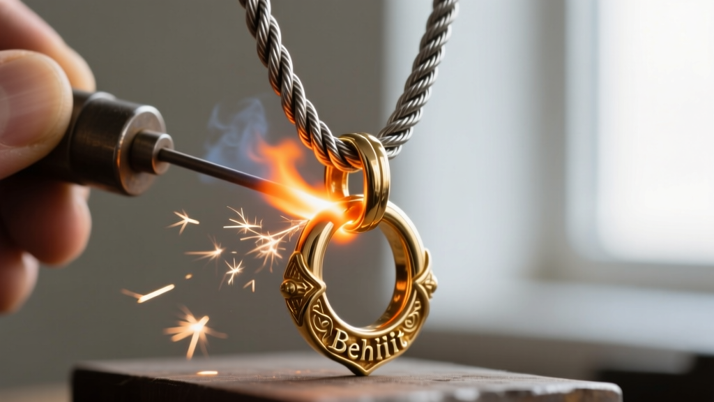Macro shot of a jewelry artisan soldering a thick 4mm stainless steel rope chain to a heavy brass Behelit pendant jump ring.