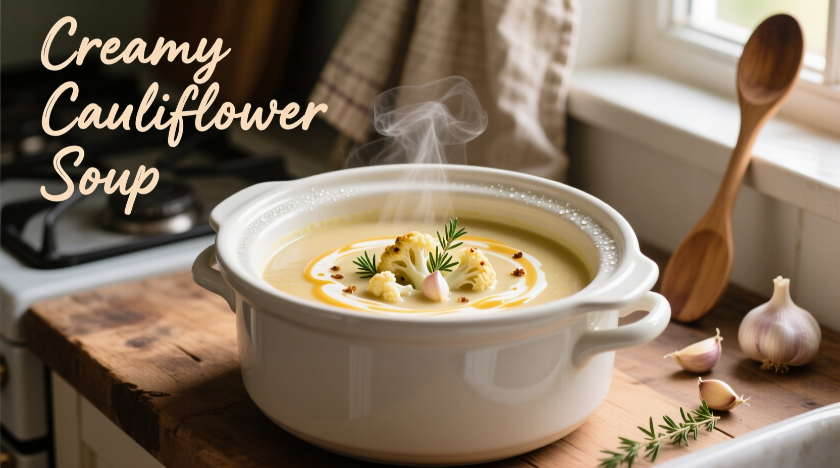 Slow cooker filled with creamy cauliflower soup