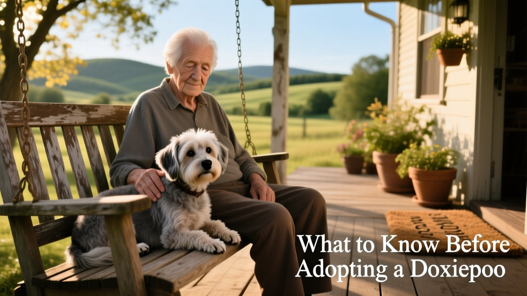 A senior Doxiepoo enjoying a quiet moment with its owner on a porch swing