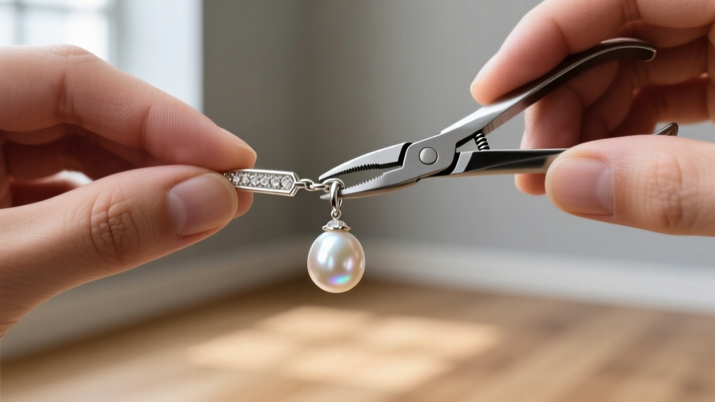 Jeweler hands using fine pliers to adjust the tension of a sterling silver leverback clasp on a vintage pearl drop earring