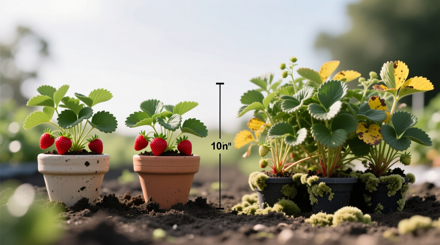 Side-by-side comparison: left shows strawberry plants spaced 10 inches apart in container garden with healthy fruit; right shows overcrowded 8-inch spacing causing mold on leaves