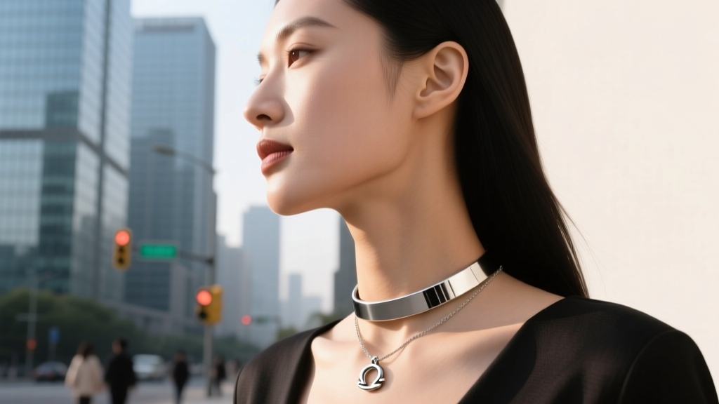 Woman wearing a sleek surgical steel omega collar necklace with a slide pendant, side profile against a blurred urban background.
