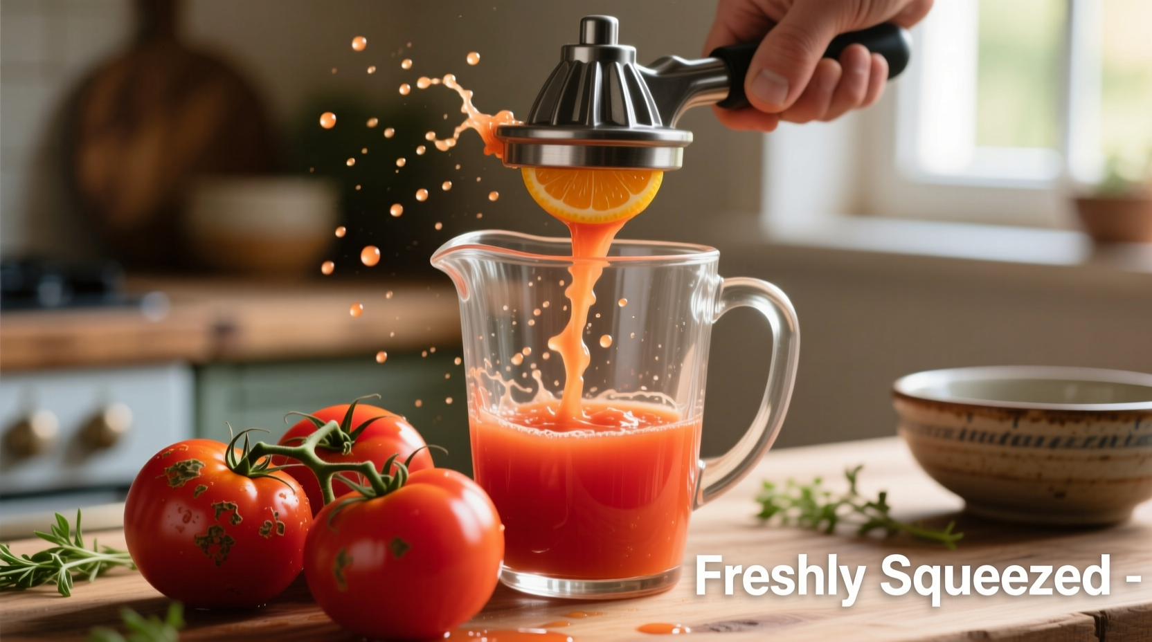 Fresh tomatoes being juiced in glass pitcher