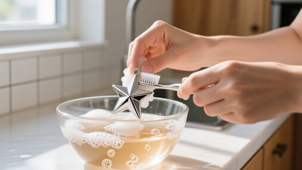 Hands gently scrubbing a silver custom star charm with a soft toothbrush in a glass bowl of warm soapy water under natural light.