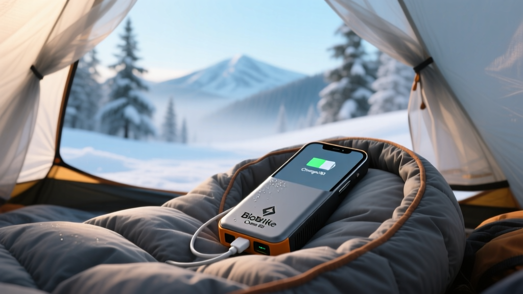 BioLite Charge 80 rugged power bank charging a smartphone inside a winter camping tent sleeping bag to prevent cold weather battery drain