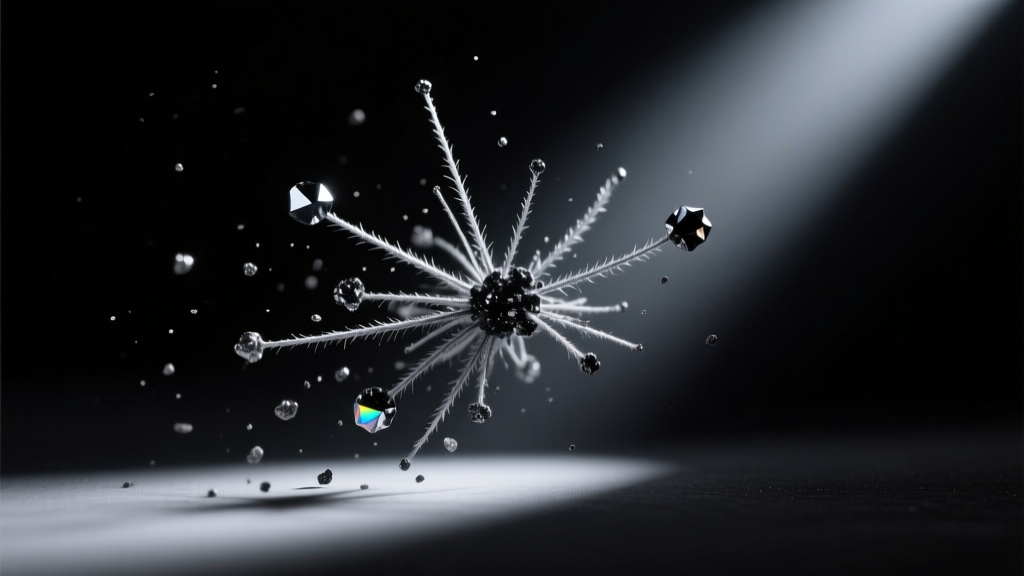 Macro view of microfiber threads trapping black silver sulfide tarnish particles, lit by a single directional beam in a dark room.