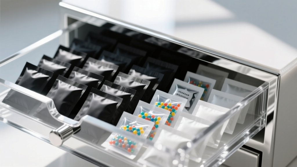 Activated charcoal and silica gel desiccant packets neatly arranged inside an acrylic silver jewelry storage drawer compartment