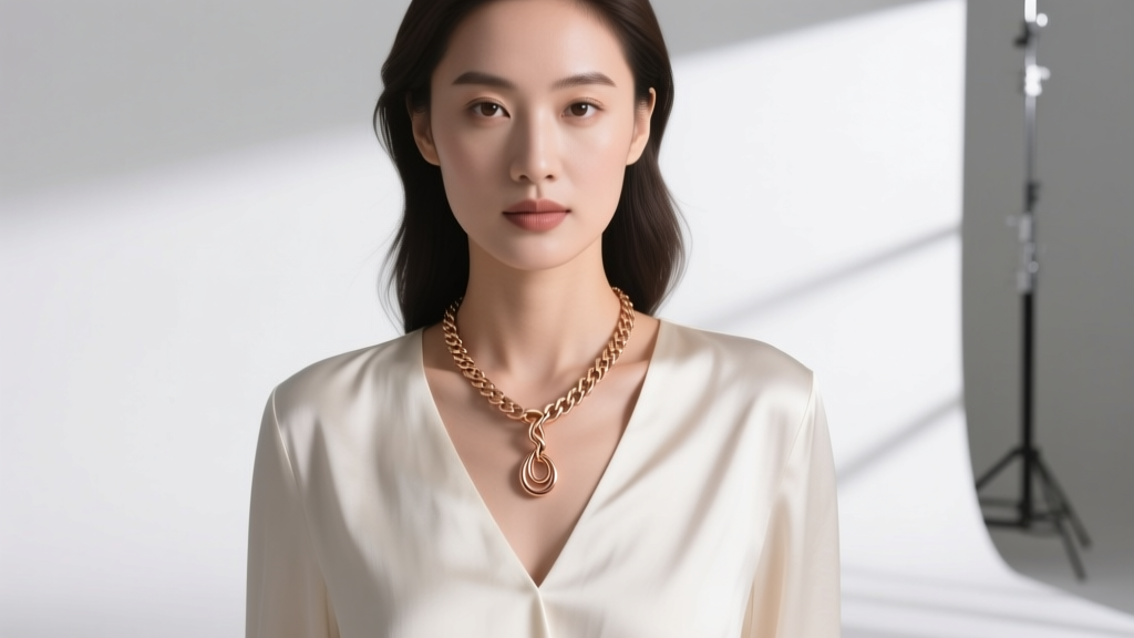 Woman in a V-neck silk blouse styled with an 18k rose gold necklace set, featuring a lariat pendant and a textured Figaro chain.