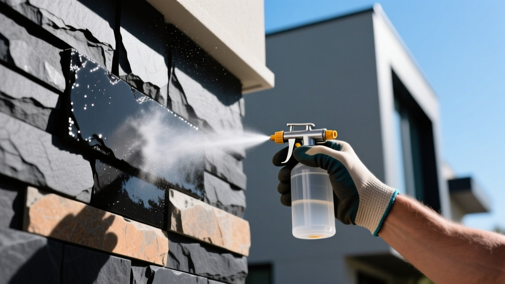 Close-up of a mason applying a clear siloxane penetrating sealer to dark charcoal manufactured stone veneer paneling on an exterior wall