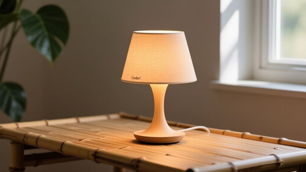 Gantri Signal LED desk light glowing on a bamboo desk, highlighting the smooth matte texture of its plant-based Zellerin bioplastic shade