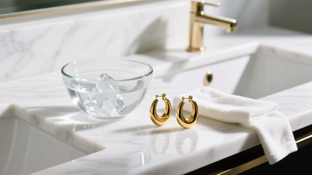 Glass bowl of sterile saline beside solid gold hoop earrings and a microfiber cloth on a bright white marble bathroom counter.