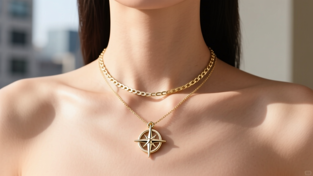 Woman wearing a layered 14k white gold charm necklace with a minimalist compass pendant, shot from the collarbone up in daylight.