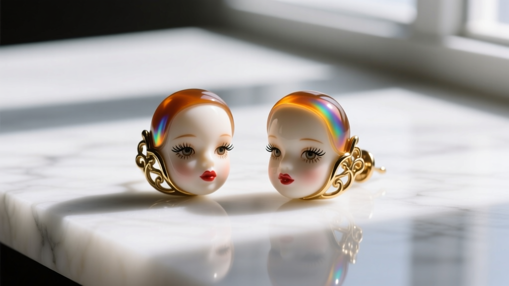Surrealist vintage doll head stud earrings made of painted resin and brass on a minimalist marble surface with dramatic shadows