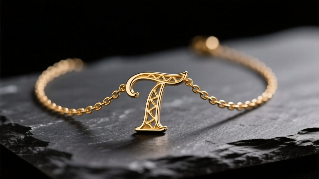 Close-up of a delicate 14k gold vermeil T initial necklace resting on dark slate, illuminated by soft directional studio lighting.
