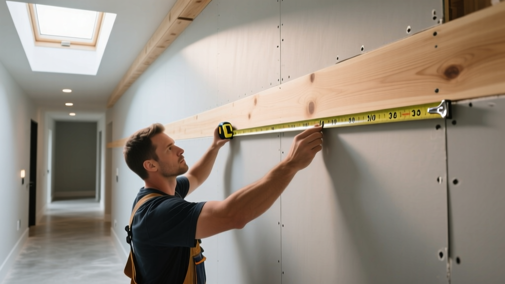 Contractor measuring 16-inch ceiling joists before installing 3/8-inch gypsum board on a curved modern residential hallway wall.