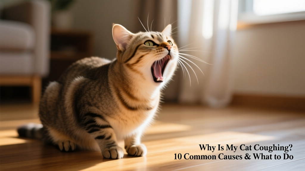 Close-up of a domestic cat crouched low with neck extended, mid-cough