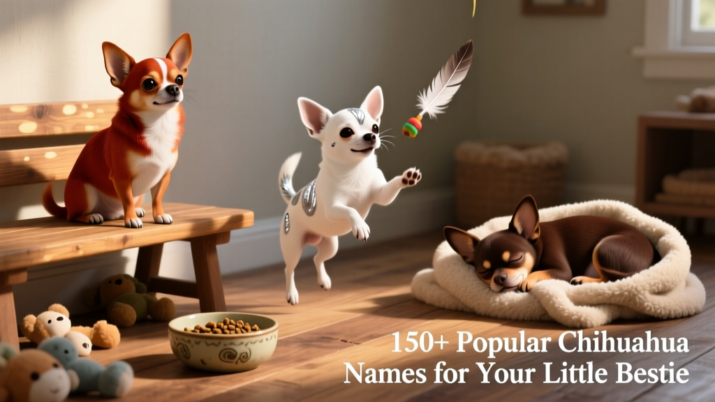 Three Chihuahuas of different coat colors and expressions — one sitting regally, one mid-play, one curled up sleepily