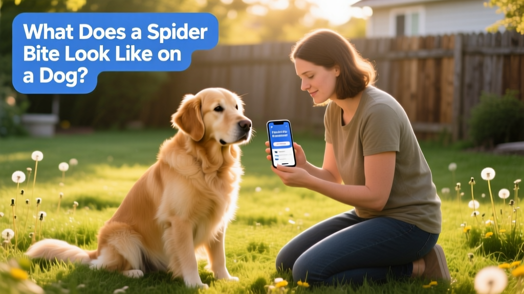 Dog owner using FurPetVo app on smartphone while kneeling beside calm, seated dog outdoors