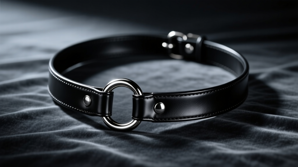 Black leather bondage necklace with a heavy stainless steel O-ring resting on dark velvet under moody, dramatic studio lighting.
