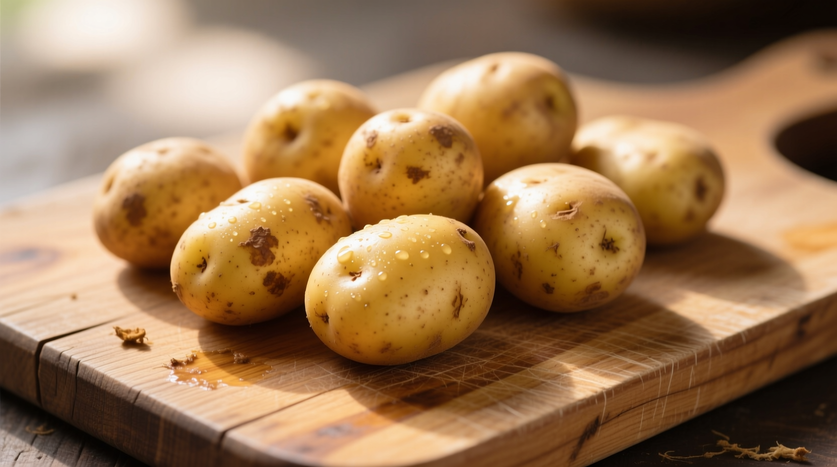 Yukon Gold potatoes on wooden cutting board