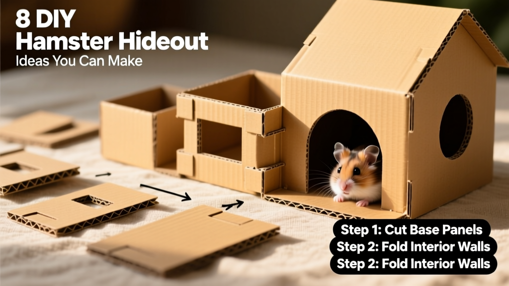 Step-by-step diagram showing how to cut and assemble a multi-chamber cardboard hideout