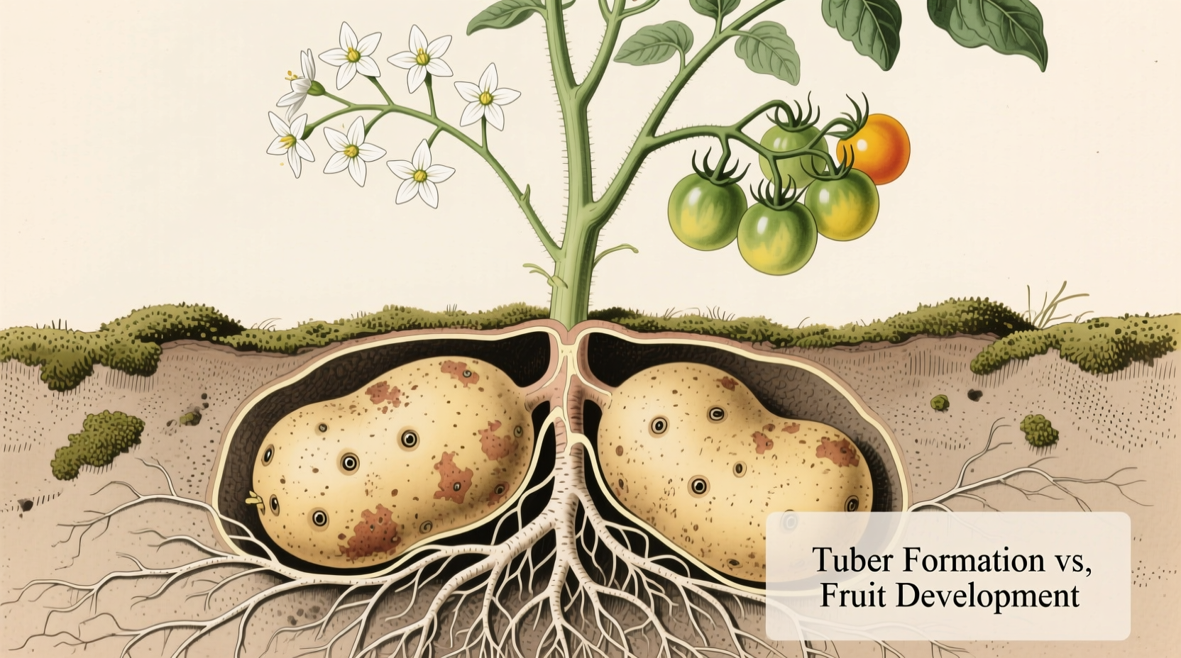 Potato plant showing tubers versus fruit