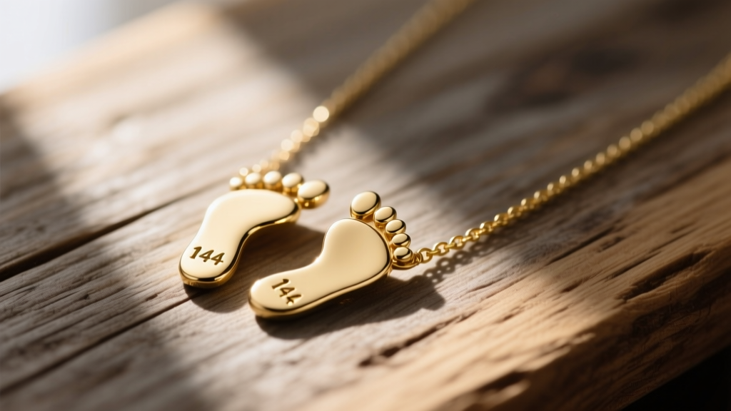 14k gold footprints in the sand necklace on wood, soft light highlighting the tiny engraved toe details and polished metal finish