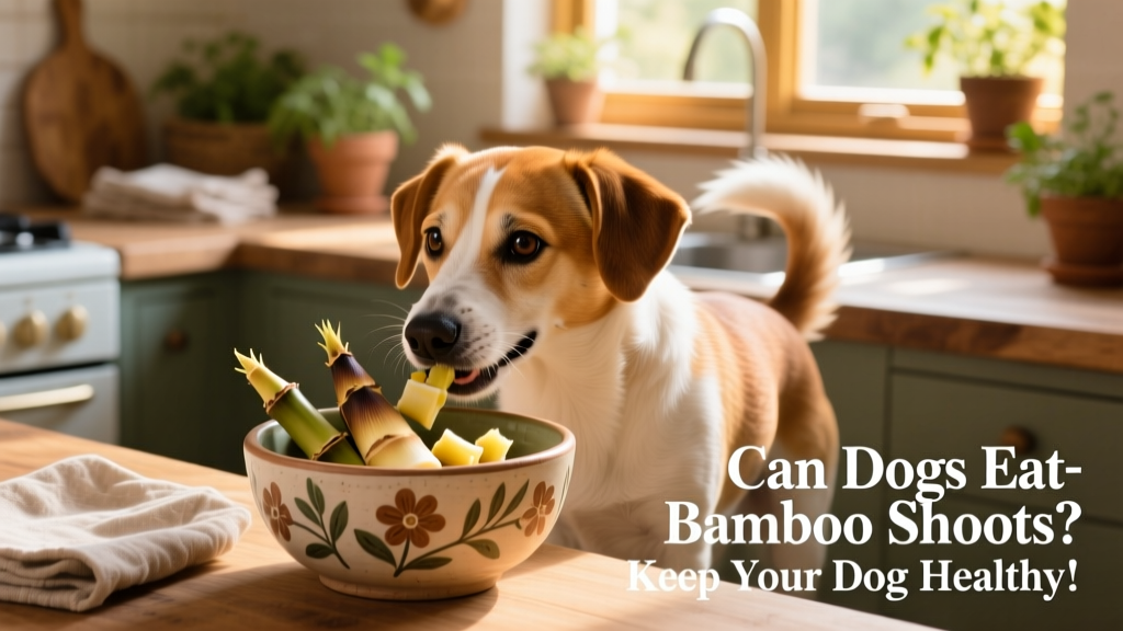 A happy medium-sized dog gently eating small, cooked bamboo shoot pieces from a ceramic bowl