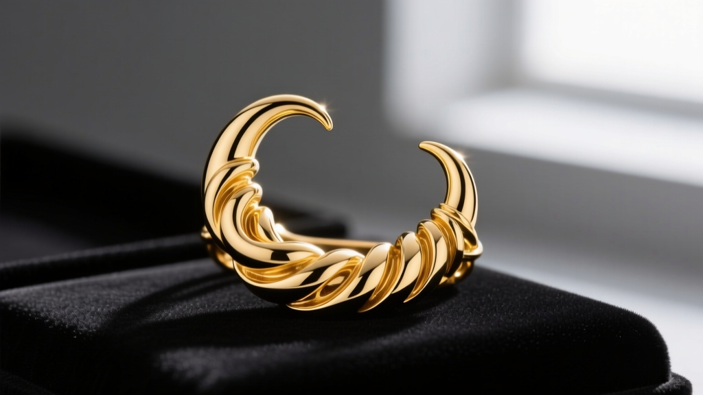 Close-up of a polished 18k yellow gold Italian cornicello pepper pendant resting on dark velvet, highlighting its twisted horn shape and high shine