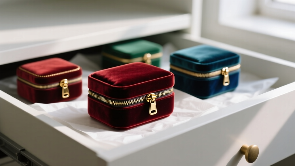 Organized drawer featuring three restored velvet jewelry boxes with upgraded brass zipper charms resting on acid-free tissue paper