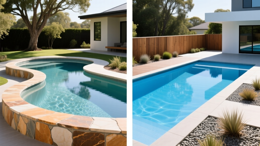 Split-screen backyard showcasing a custom shotcrete swimming pool with natural stone coping next to a pre-moulded fibreglass pool shell